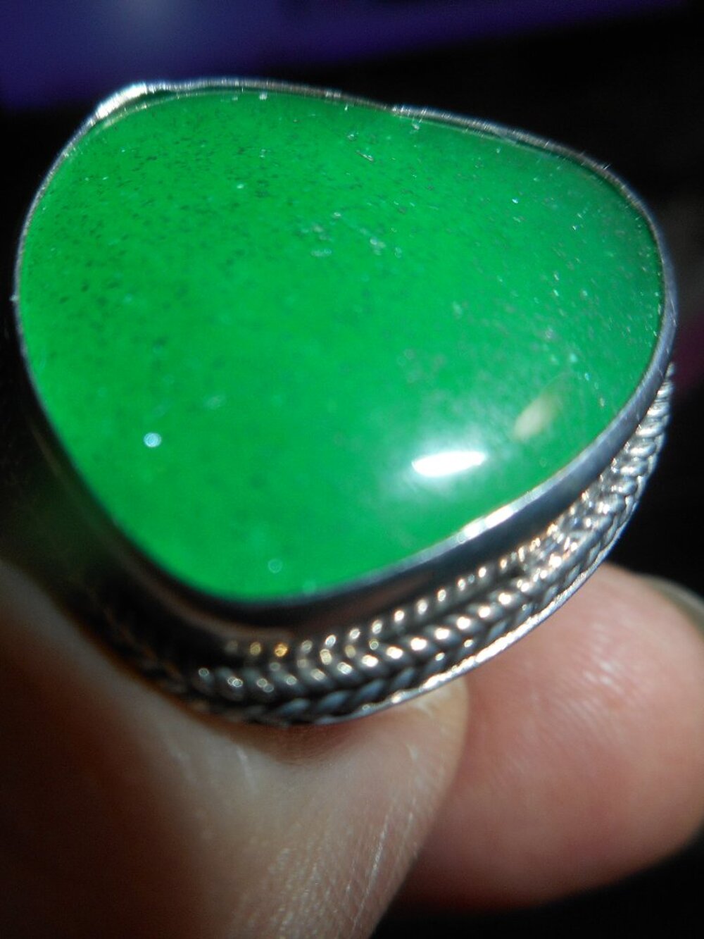 GREEN, (HEART) STONE ON SILVER BAND, ORNATE, - Women Jewelry, SIZE  8 3/4- 9